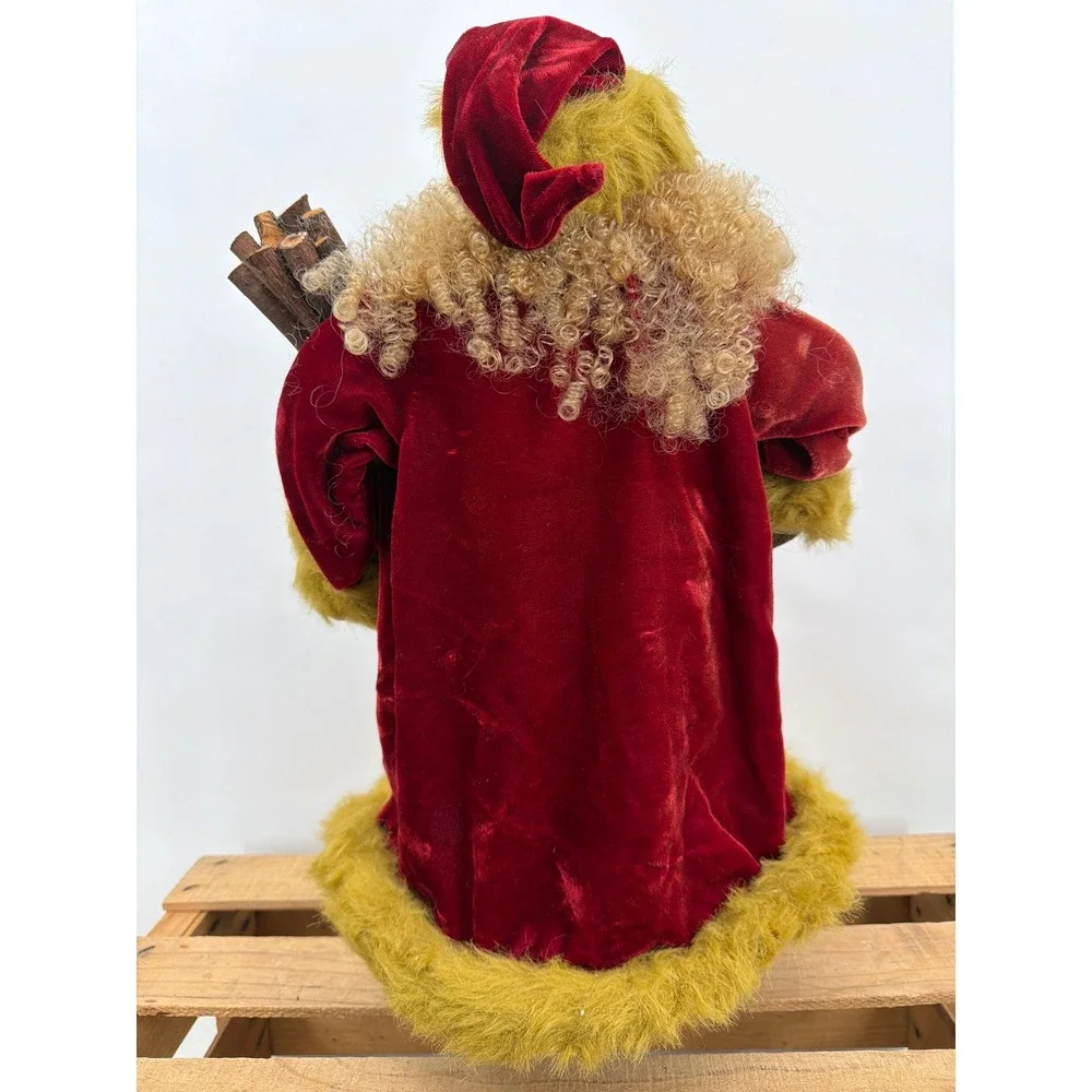 Vintage‎ Style Santa Claus Figurine Red Velvet Green Fur 18 Inch Christmas Decor